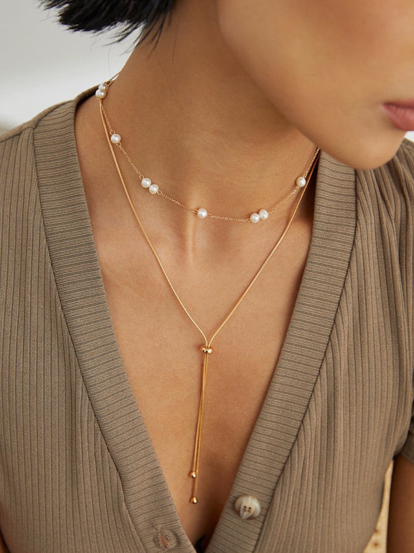 Simsmore [Extremely Simple French Series] Pure Silver Natural Pearl Adjustable Gold Fashion Simple Necklace