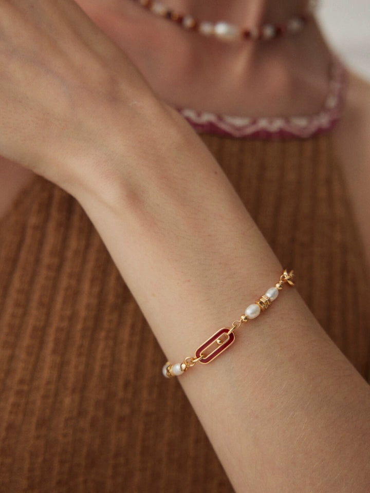 Simsmore 925 silver plated 18k gold pearl French romantic elegant retro red drop glaze adjustable bracelet