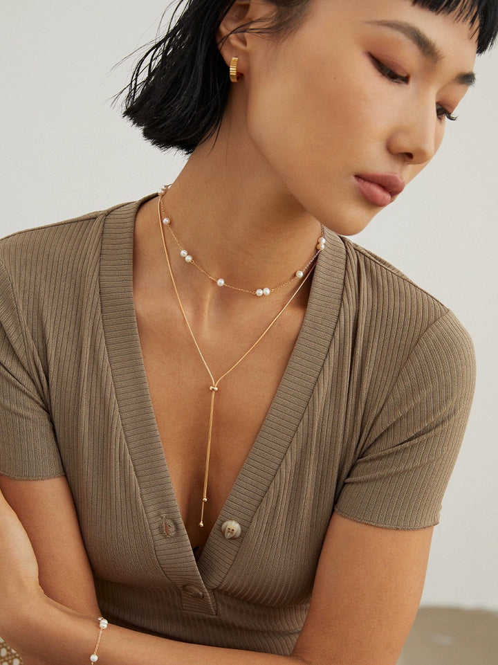 Simsmore [Extremely Simple French Series] Pure Silver Natural Pearl Adjustable Gold Fashion Simple Necklace