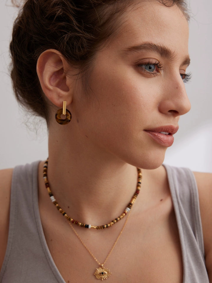 Simsmore Tiger Eye Stone Necklace Women's Autumn and Winter Gemstone Beaded Clavicle Chain Light Luxury Black Agate Neck Chain