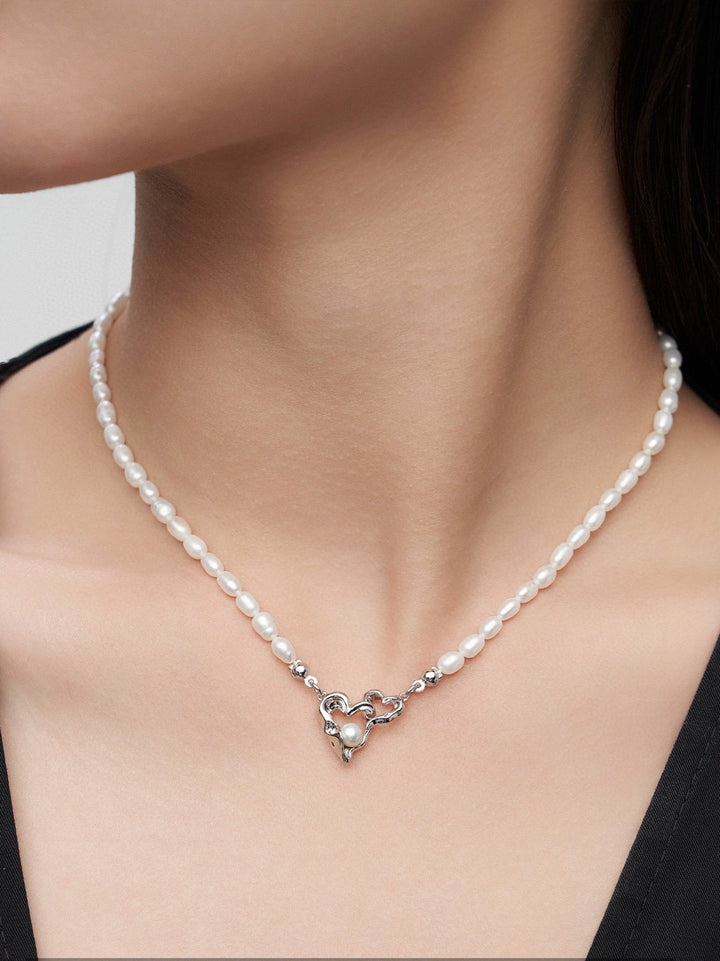 Simsmore minimalist French series pure silver heart interwoven natural pearl temperament simple design necklace