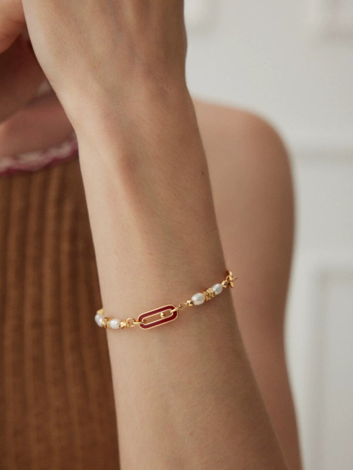 Simsmore 925 silver plated 18k gold pearl French romantic elegant retro red drop glaze adjustable bracelet