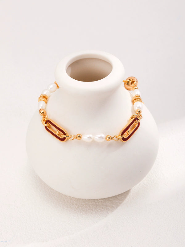 Simsmore 925 silver plated 18k gold pearl French romantic elegant retro red drop glaze adjustable bracelet