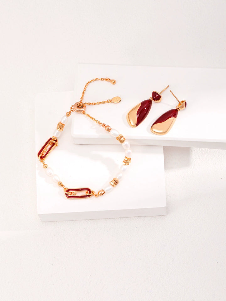 Simsmore 925 silver plated 18k gold pearl French romantic elegant retro red drop glaze adjustable bracelet