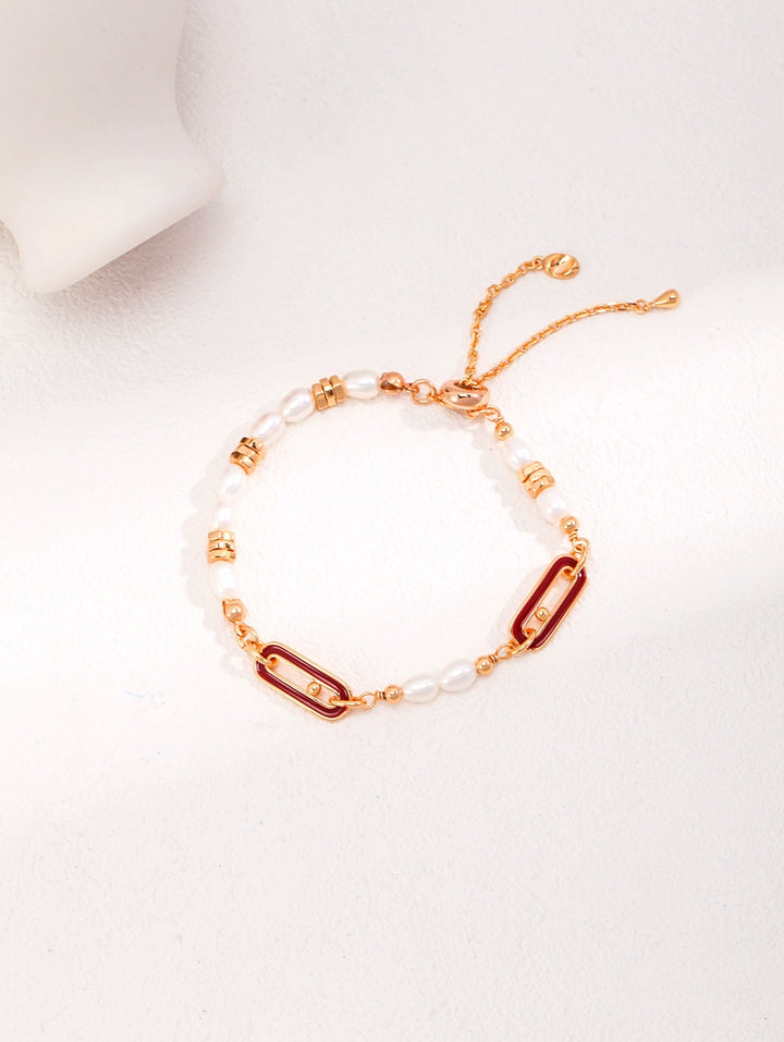 Simsmore 925 silver plated 18k gold pearl French romantic elegant retro red drop glaze adjustable bracelet