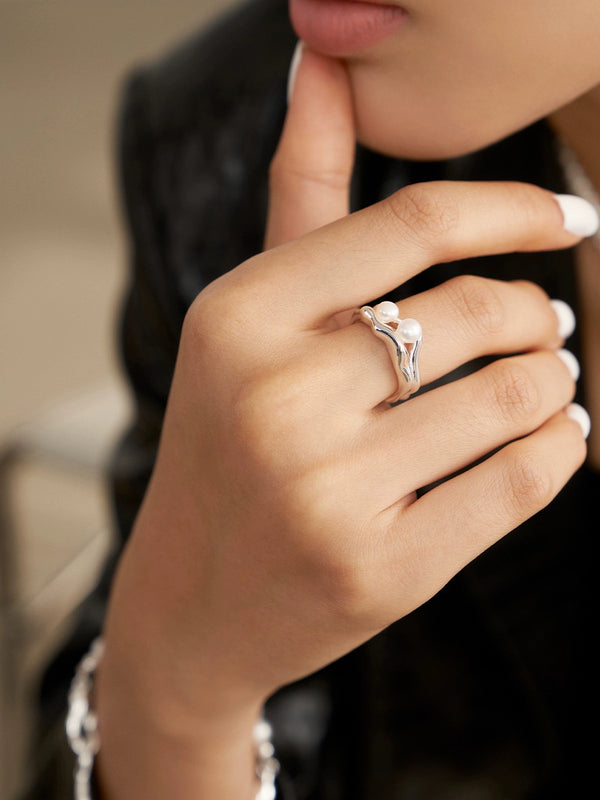 Simsmore Extremely Simple French Style Series] Pure Silver Pearl Adjustable Fashion Retro Original Design Ring