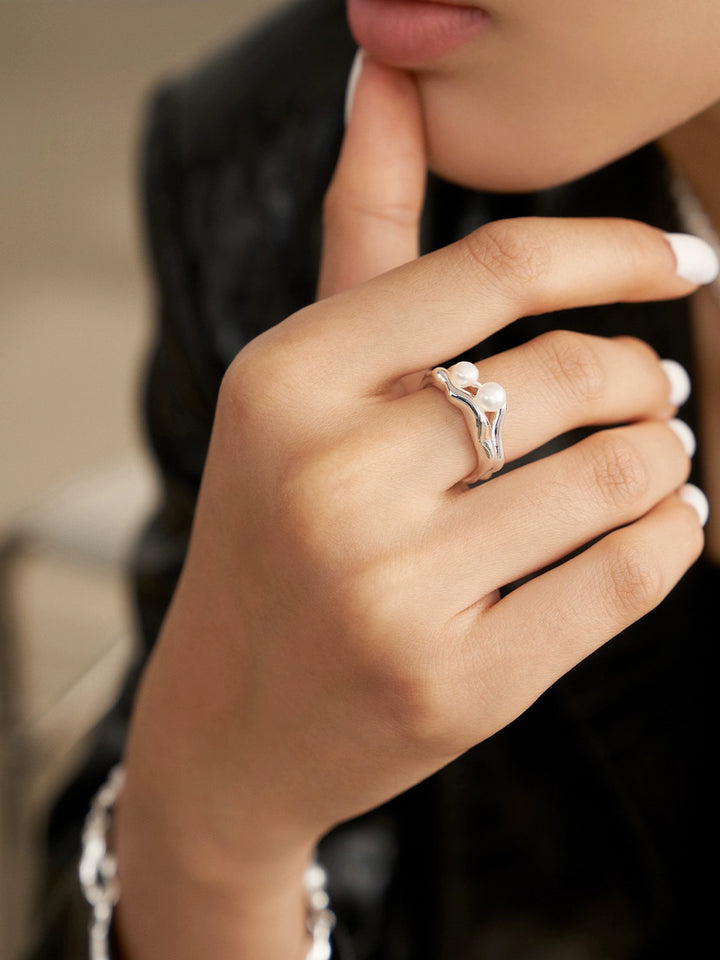 Simsmore Extremely Simple French Style Series] Pure Silver Pearl Adjustable Fashion Retro Original Design Ring