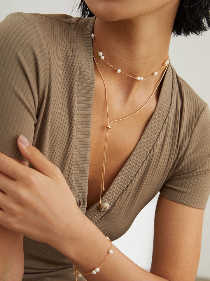 Simsmore [Extremely Simple French Series] Pure Silver Natural Pearl Adjustable Gold Fashion Simple Necklace