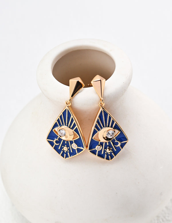 Hand-Poured Zircon Stone Hoops Vintage Blue Enamel Earrings with 925 Sterling Silver