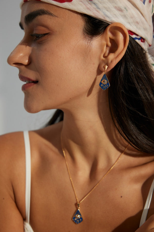 S925 Sterling Silver Vintage Blue Enamel  Zircon Earrings