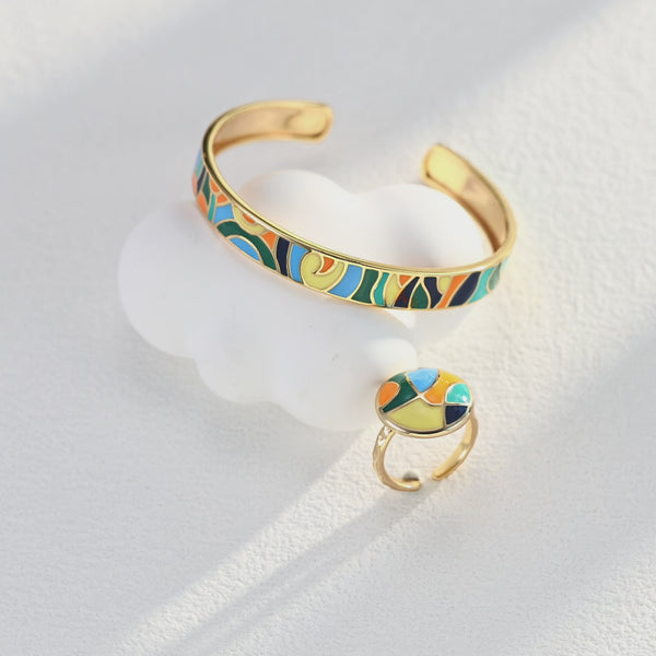 S925 Sterling Silver Artistic Enamel Adjustable Bracelet and Ring