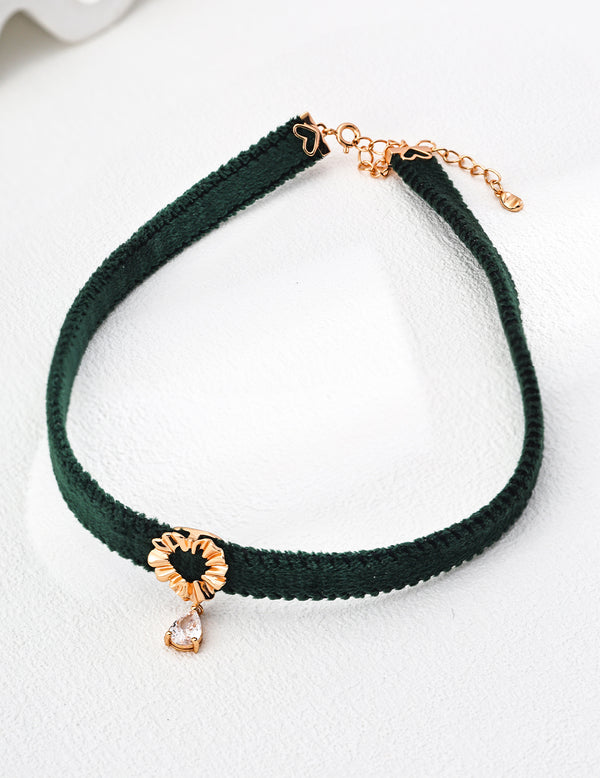Green Velvet & PU Leather Choker with Zircon Stones Retro Chic Layering Jewelry for Women